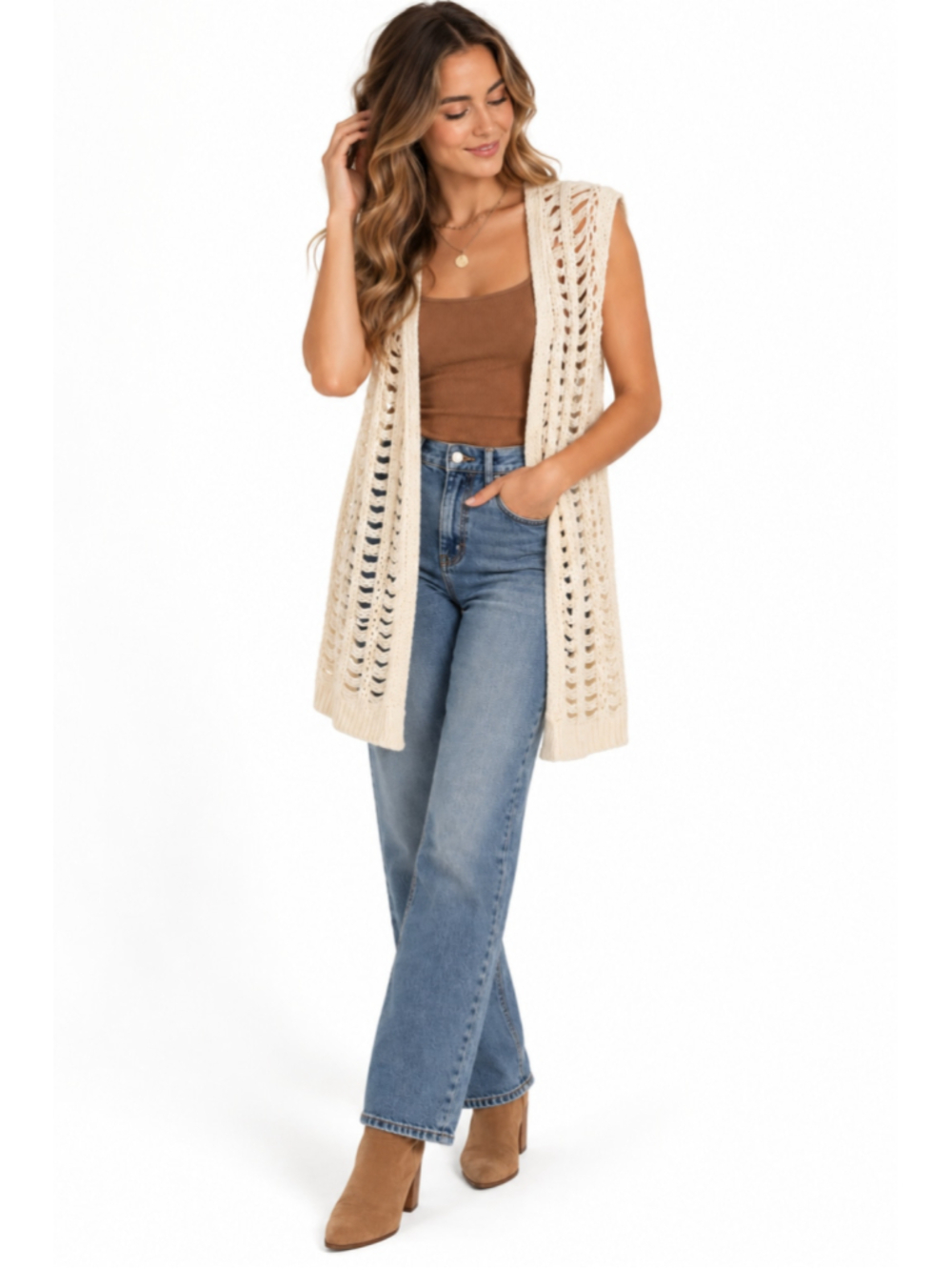 Ultra Flirt Ivory Open Knit Long Cardigan Vest Size L NWOT Boho